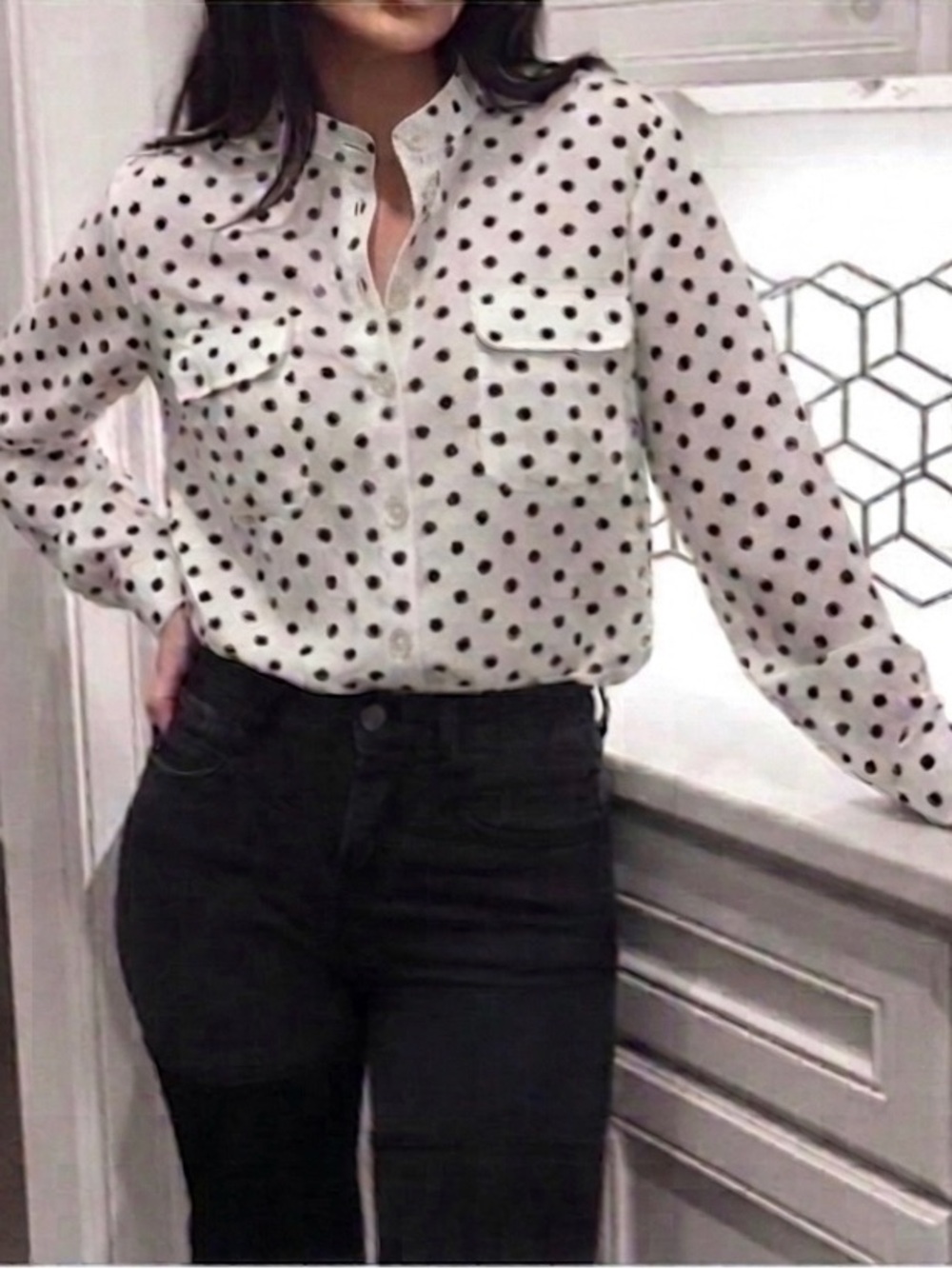 Polka Dot Button-Down Blouse in White/Black